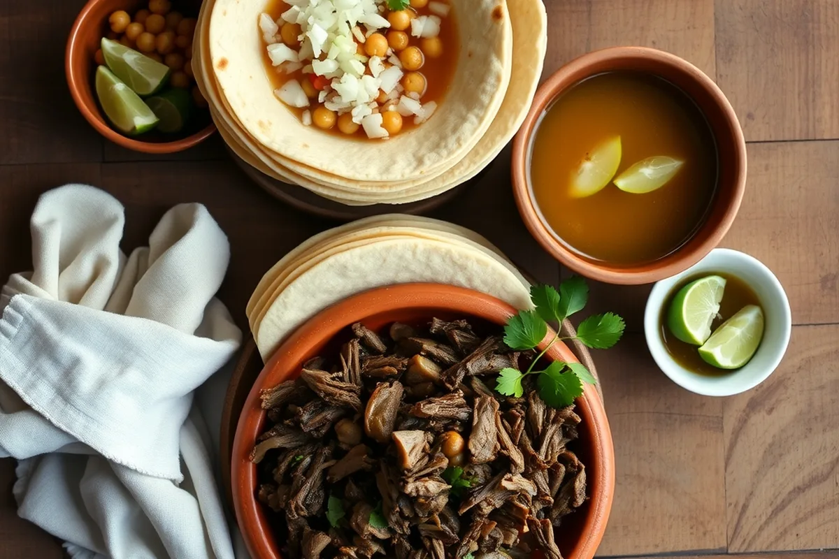 Barbacoa de borrego con tortillas, consomé, cebolla, cilantro y limón